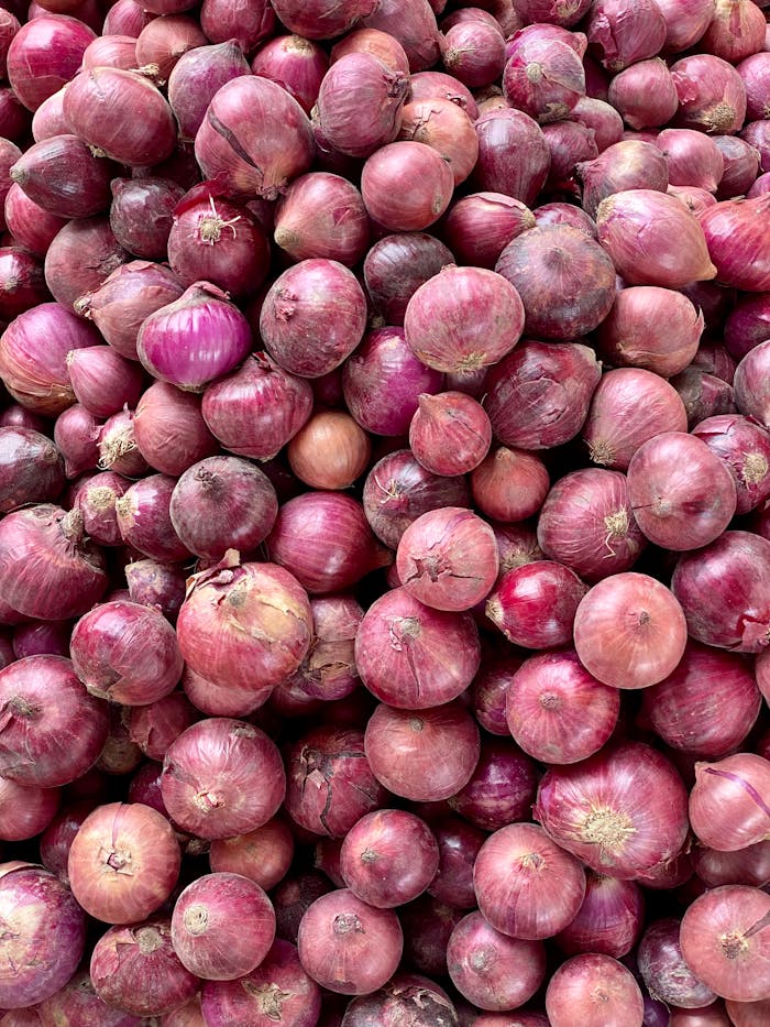 A vibrant collection of fresh red onions in a vertical shot, perfect for culinary themes.