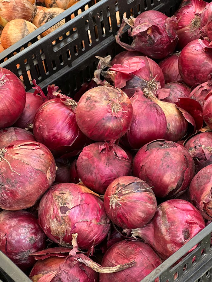 Close-up of fresh red onions in a crate at a market, vibrant and earthy.
